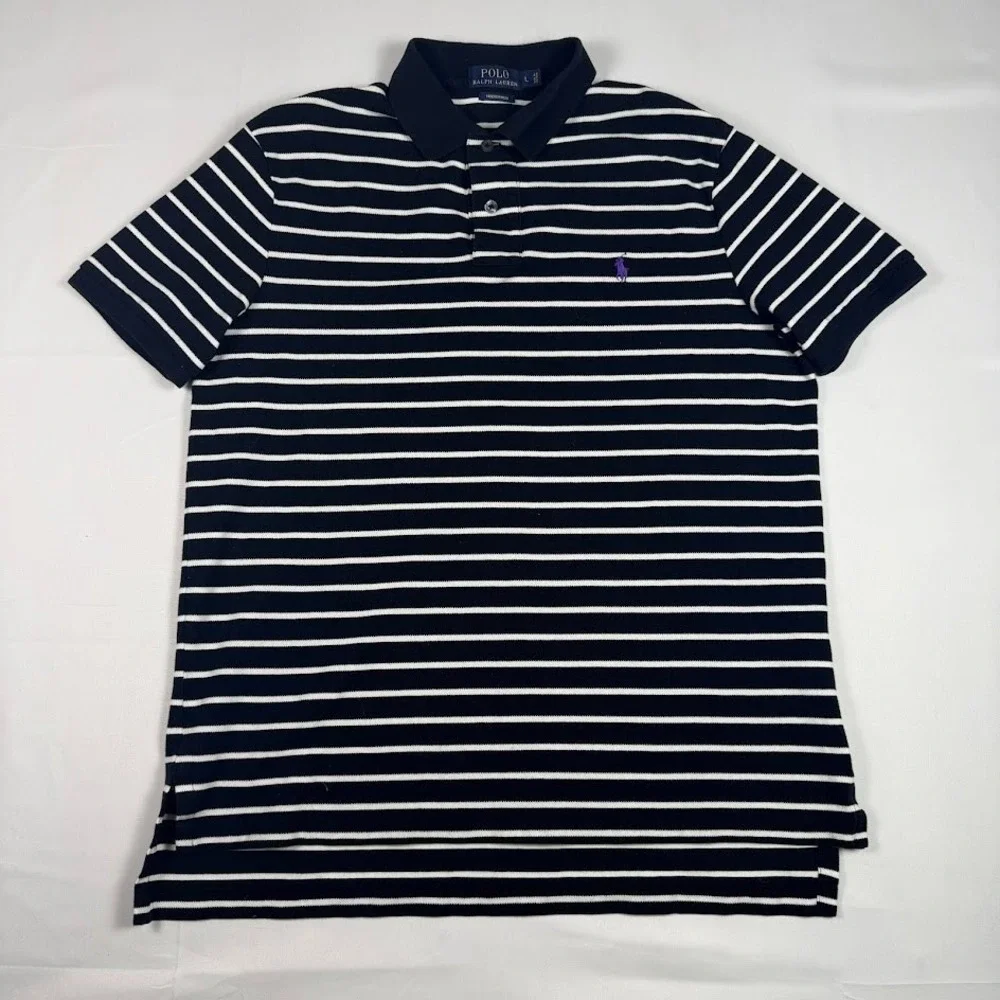 Polo Ralph Lauren Polo Shirt Mens L Black White Striped Purple Pony Stretch Mesh